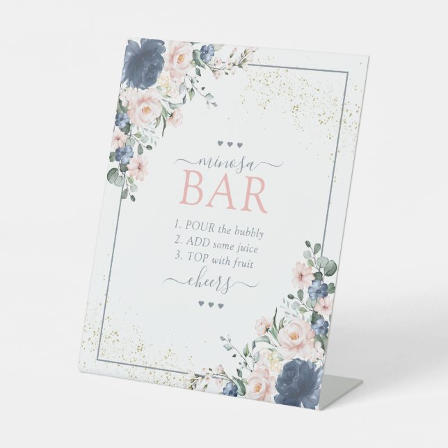 Dusty Blue Blush Pink Gold Floral Minosa Bar Pedestal Sign (Front)