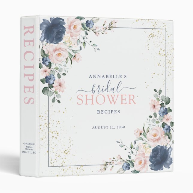 Dusty Blue Blush Pink Gold Floral Recipe Binder (Front/Spine)