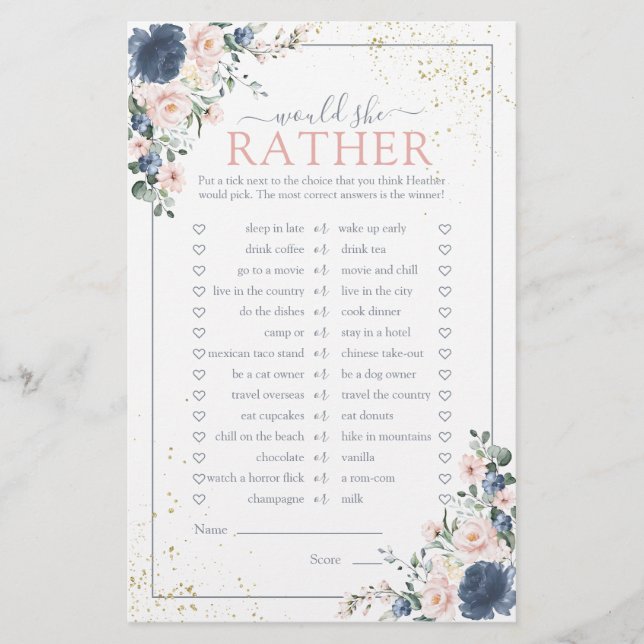 Dusty Blue Blush Pink Gold Floral Shower Game (Front)