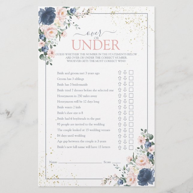 Dusty Blue Blush Pink Gold Floral Shower Game (Front)