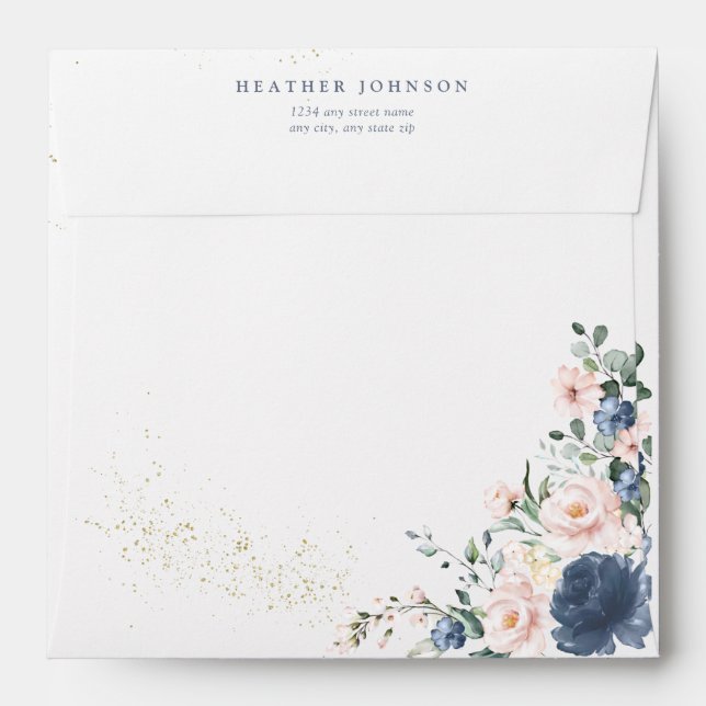 Dusty Blue Blush Pink Gold Floral Square Shower Envelope (Back (Top Flap))
