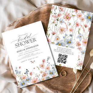 Dusty Blue Blush Pink QR Code Garden Bridal Shower Invitation
