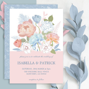 Dusty Blue Blush Pink Rose & Peony Floral Wedding Invitation