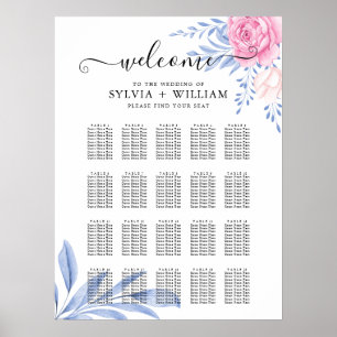 Dusty Blue Blush Pink Rose Wedding Seating Chart