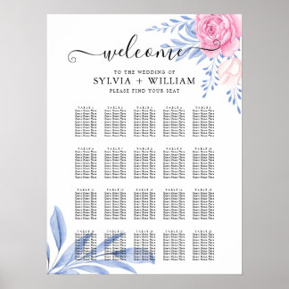 Dusty Blue Blush Pink Rose Wedding Seating Chart