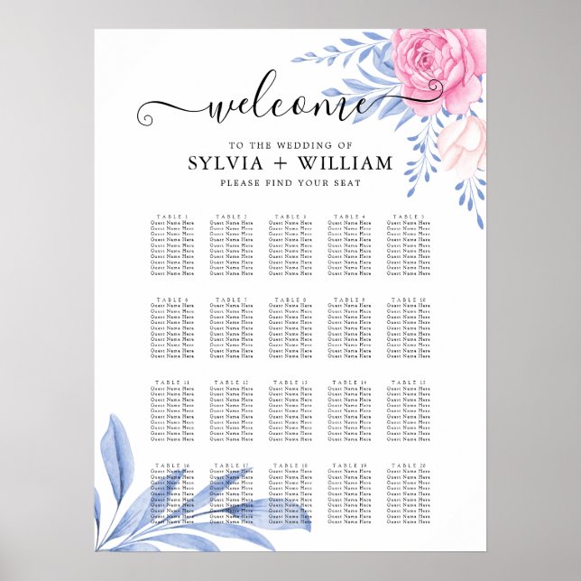  Dusty Blue Blush Pink Rose Wedding Seating Chart (Front)