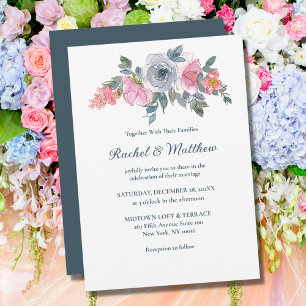 Dusty Blue & Blush Pink Watercolor Floral Wedding Invitation