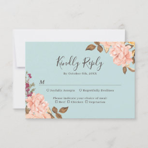 Dusty Blue Blush Pink Watercolor Floral Wedding RSVP Card