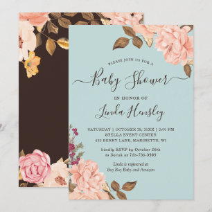 Dusty Blue Blush Rose Baby Shower Invitation