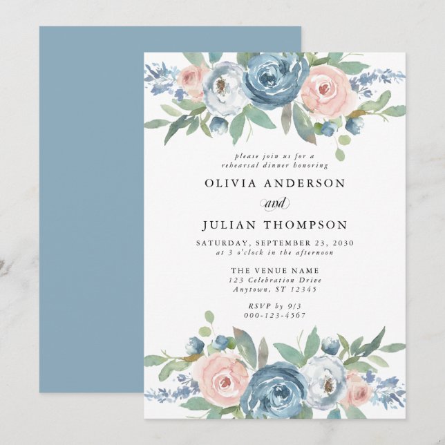 Dusty Blue & Blush Rose Floral Rehearsal Dinner Invitation (Front/Back)