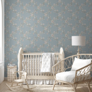 Dusty Blue Blush Rose Vintage Floral Pattern Wallpaper