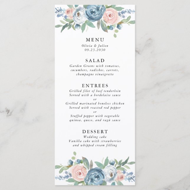 Dusty Blue & Blush Rose Wedding Menu (Front)