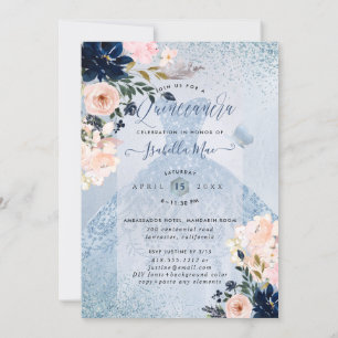 Dusty Blue+Blush Roses Glitter Gown Quinceanera Invitation