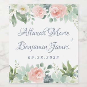 Dusty Blue Blush Succulent Floral Garden Wedding Wine Label