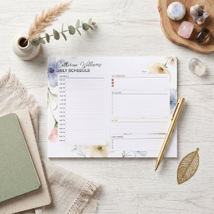 Dusty Blue Blush Watercolor Floral Daily Schedule  Notepad