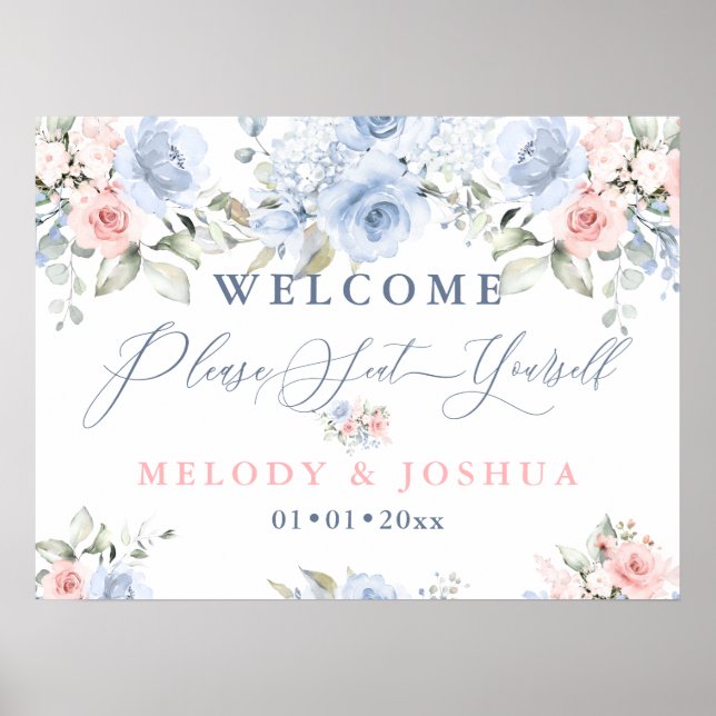 Dusty Blue+Blush Watercolor Roses Seat Yourself Poster (Front)