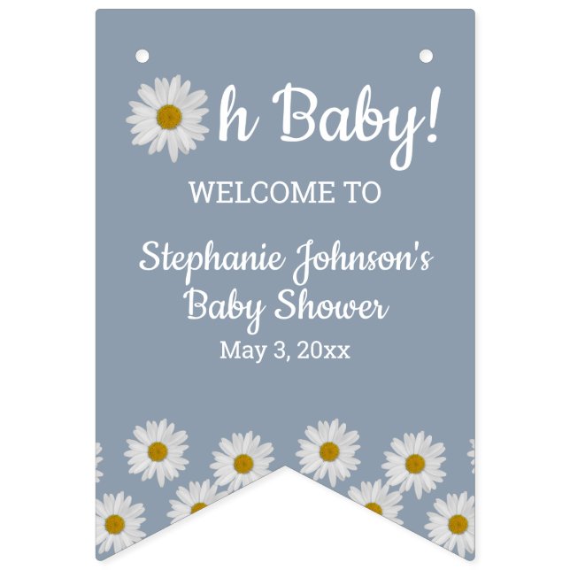 Dusty Blue Bohemian Daisies Oh Baby Baby Shower    Bunting Flags (First Flag)