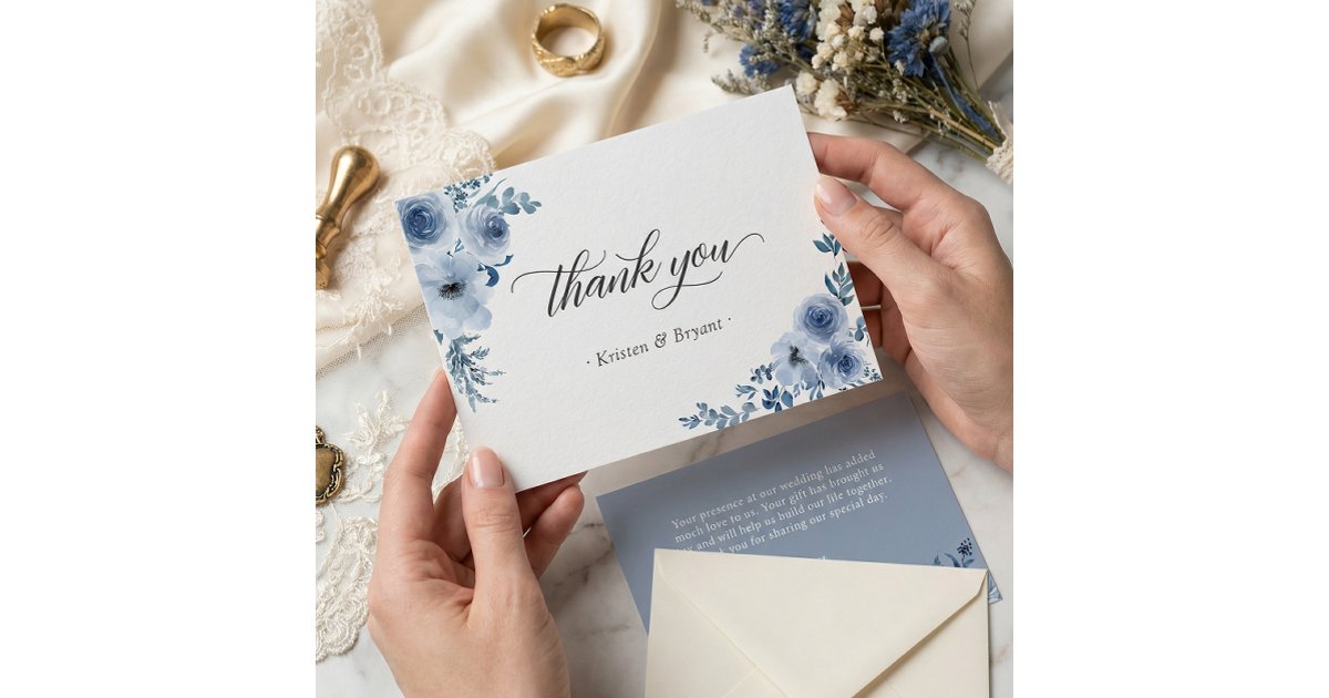 Dusty Blue Bohemian Pastel Floral Wedding Flat Thank You Card | Zazzle
