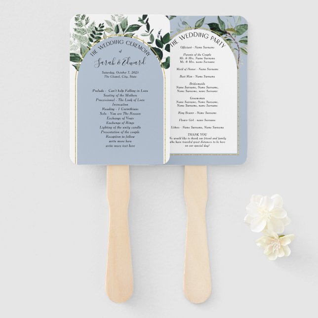 Dusty Blue Boho Arch Greenery wedding fan program (Front and Back)