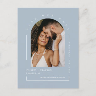 Dusty Blue Boho Arch Photo QR Code Save Our Date Postcard