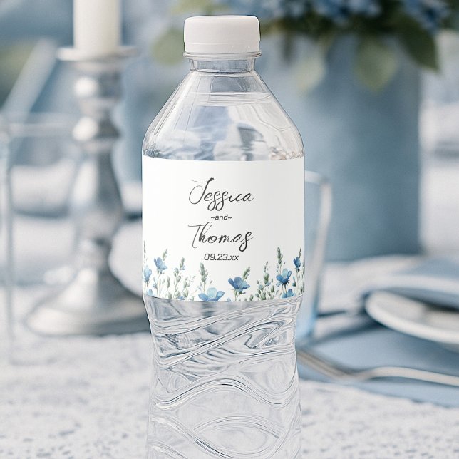 Dusty Blue Boho Chic Wildflowers Simple Wedding Water Bottle Label (Creator Uploaded)