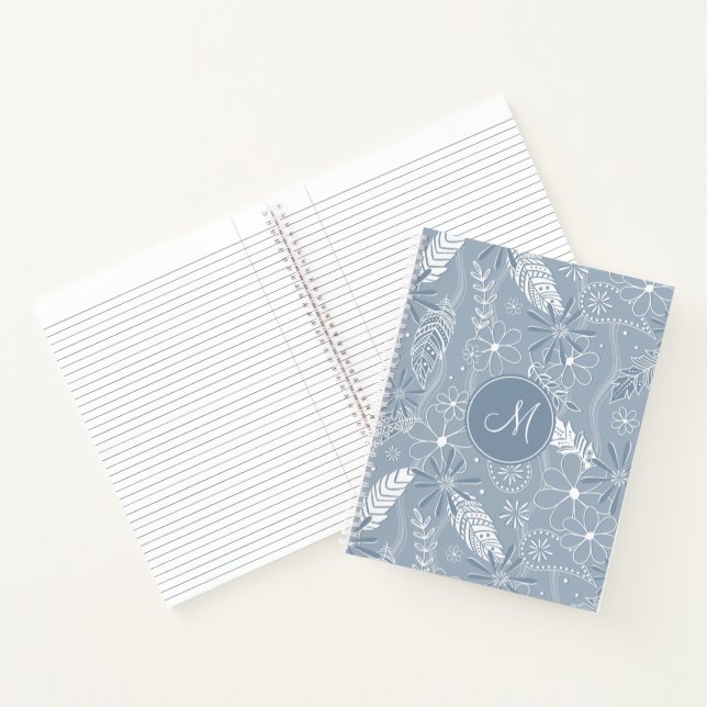 dusty blue boho feathers flowers paislies monogram notebook (Inside)