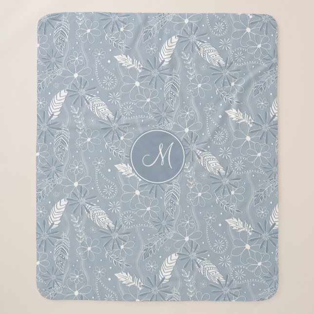 dusty blue boho feathers flowers paislies monogram sherpa blanket (Front)