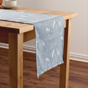 dusty blue boho feathers flowers paislies pattern short table runner