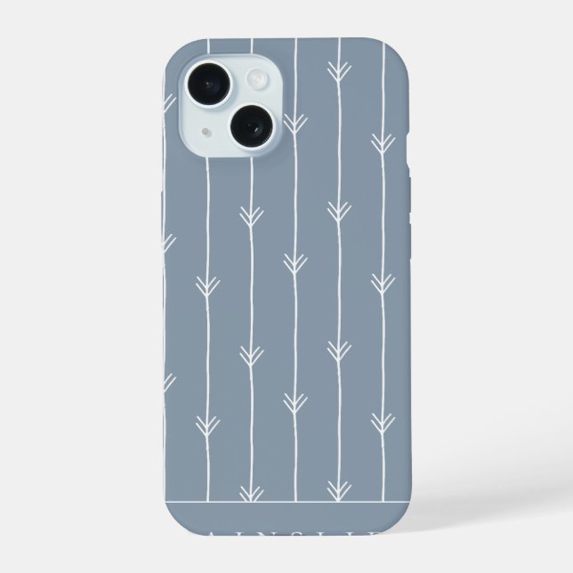 Dusty Blue Boho Fletched Pattern Personalized iPhone 15 Case (Back)