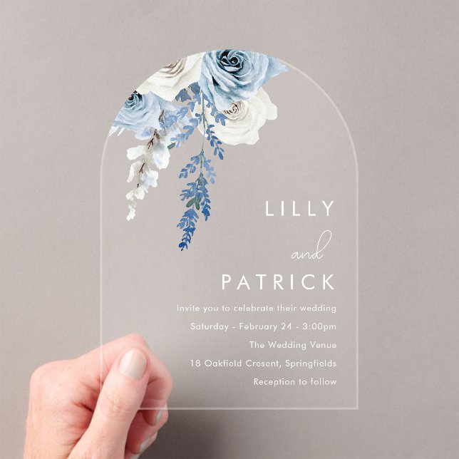 Dusty Blue Boho Floral Arch Wedding Acrylic Invitations (Insitu (Handheld))