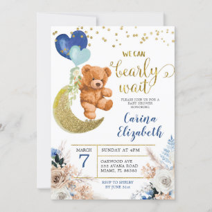 Dusty Blue Boho Floral Bearly Wait Baby Shower Invitation