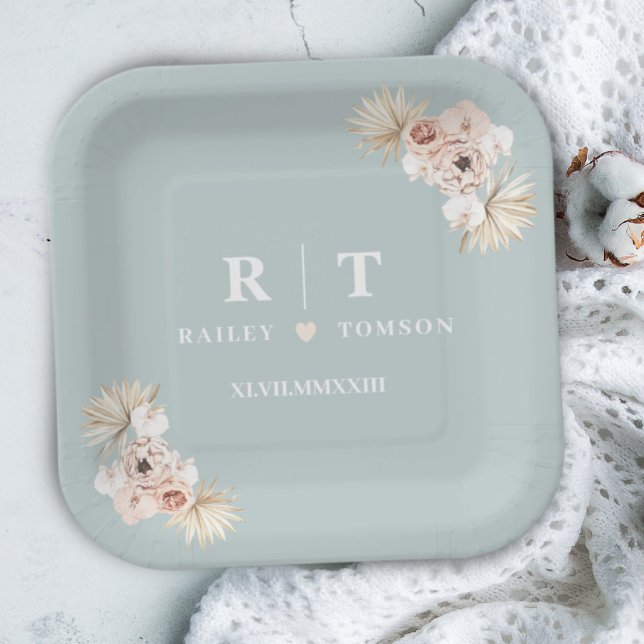 Dusty Blue Boho Floral Elegant Wedding Monogram  Paper Plate (Creator Uploaded)