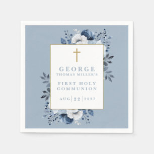 Dusty Blue Boho Floral First Holy Communion Napkin