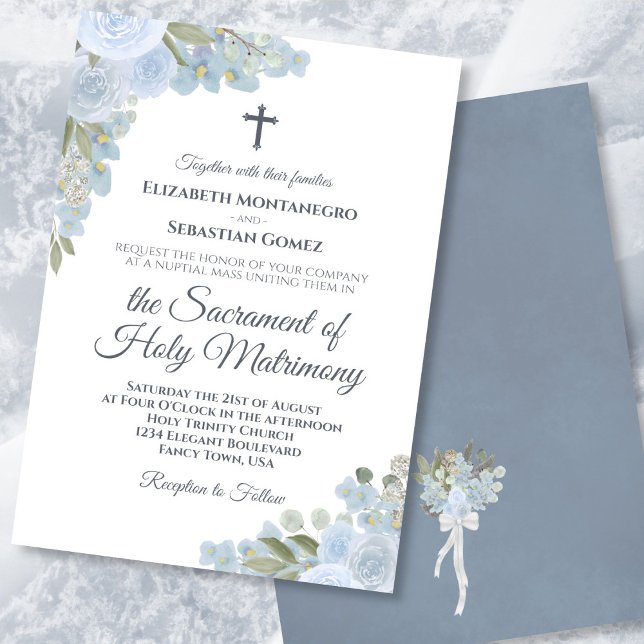 Dusty Blue Boho Floral Modern Catholic Wedding Invitation (In Situ on Lace)