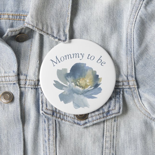 Dusty Blue Boho Floral Mommy to be 4"  4 Inch Round Button (In Situ)