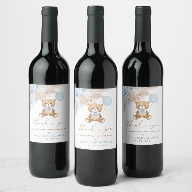 Dusty Blue Boho Floral Pampas Teddy Bear Baby Wine Label (Bottles)