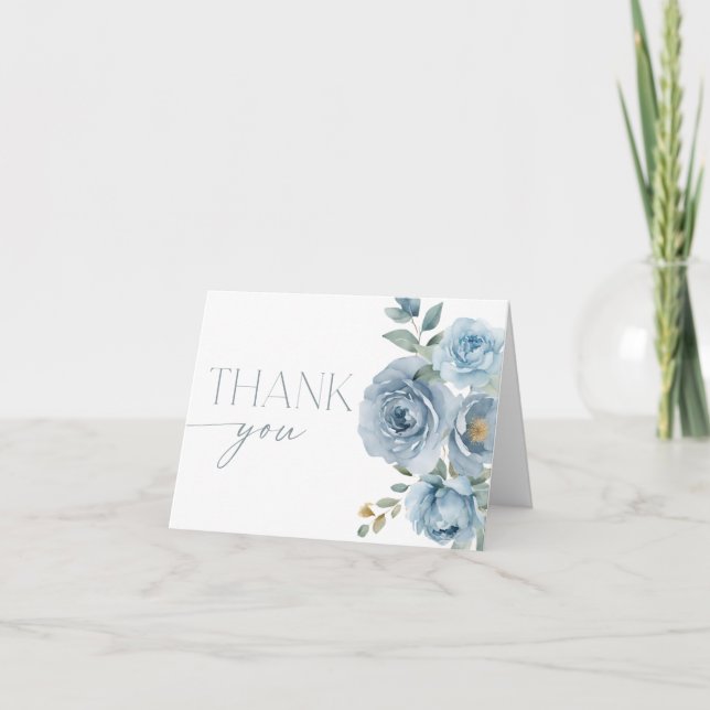 Dusty blue boho floral rose flowers thank you card (Front)
