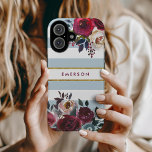 Dusty Blue Boho Floral Stripe Monogram iPhone 16 Case<br><div class="desc">Custom monogrammed phone cases personalized with your name or other text. This trendy boho design features a watercolor floral border in rustic fall colours on a dusty blue and white striped background with faux gold foil accent. Use the design tools to choose any background colour, change text fonts and colours...</div>