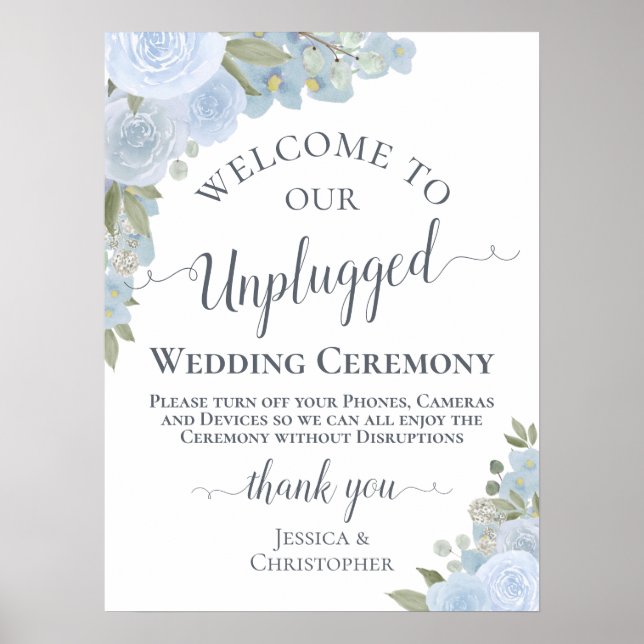 Dusty Blue Boho Floral Unplugged Wedding Ceremony Poster (Front)