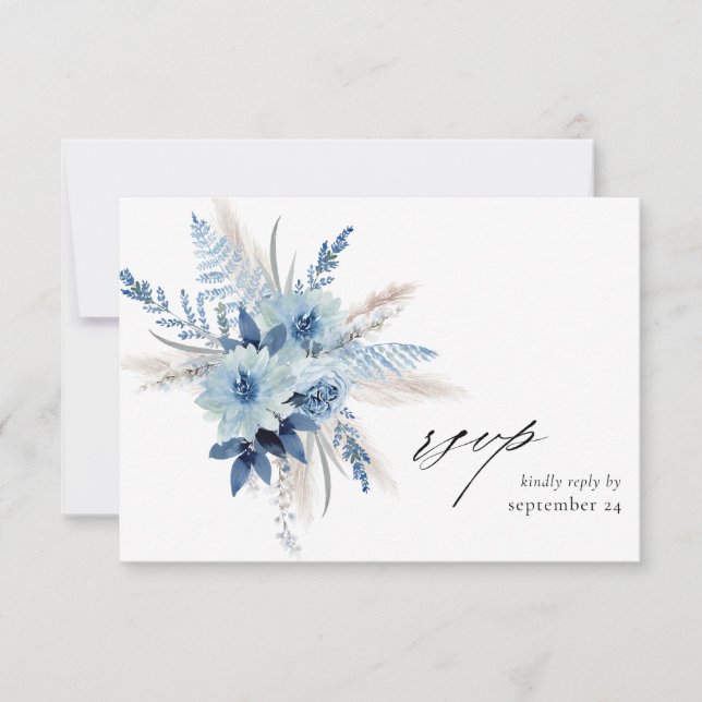 Dusty Blue Boho Floral w Repas Carte RSVP 2 (Devant)