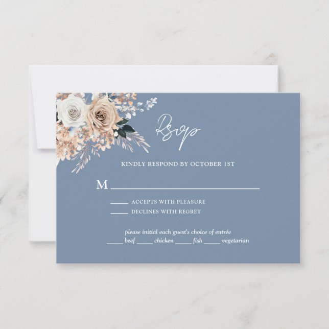 Dusty Blue Boho Floral Wedding RSVP Card (Front)