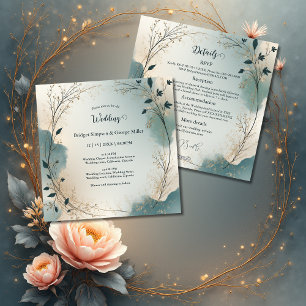Dusty Blue Boho foliage wreath all in one wedding Invitation