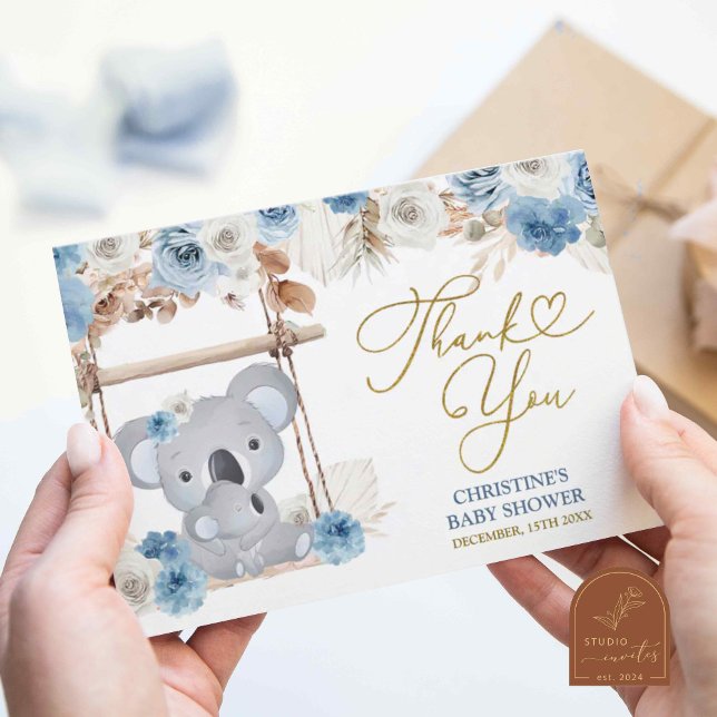 Dusty Blue Boho Koala Baby Shower Thank You Card (Creator Uploaded)