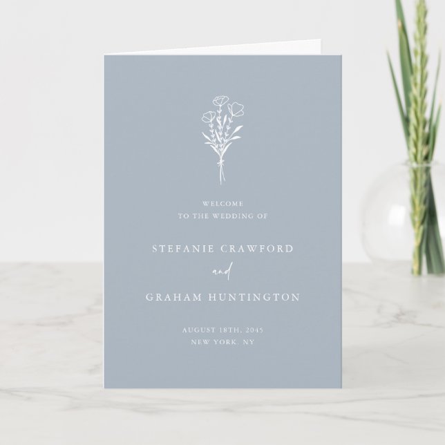 Dusty Blue Boho Minimalist Botanicals Wedding Program (Front)