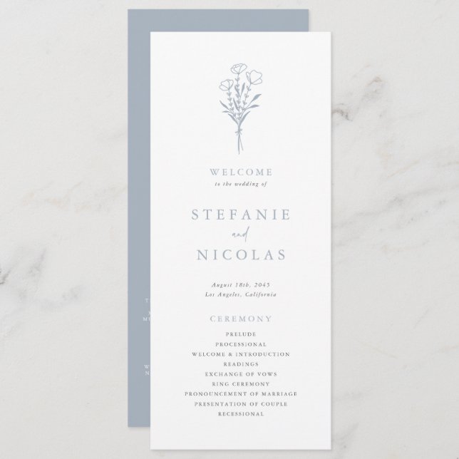 Dusty Blue Boho Minimalist Botanicals Wedding Program (Front/Back)