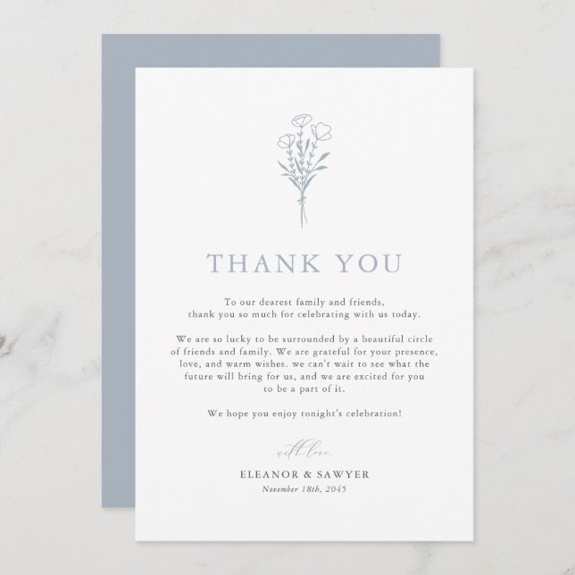 Dusty Blue Boho Minimalist Botanicals Wedding Thank You Card (Front/Back)