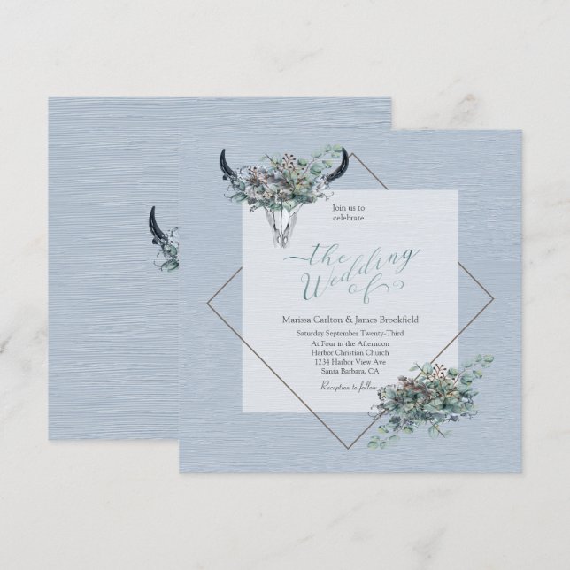 Dusty Blue Boho Rustic Cow skull with flowers Invitation (Front/Back)