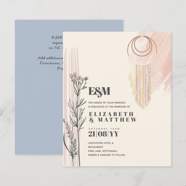 Dusty Blue Boho Wedding Invitations (Front/Back)