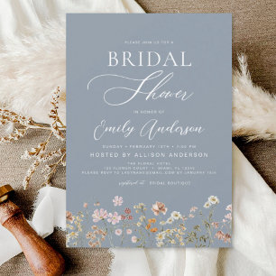 Dusty Blue Boho Wildflower Bridal Shower Script Invitation