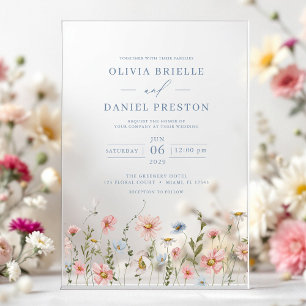 Dusty Blue Boho Wildflower Garden Wedding Acrylic Invitations
